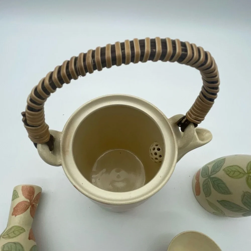 Vintage Otagiri Japanese Sake Tea Set Hand Painted Floral Leaf 6-Piece Ceramic